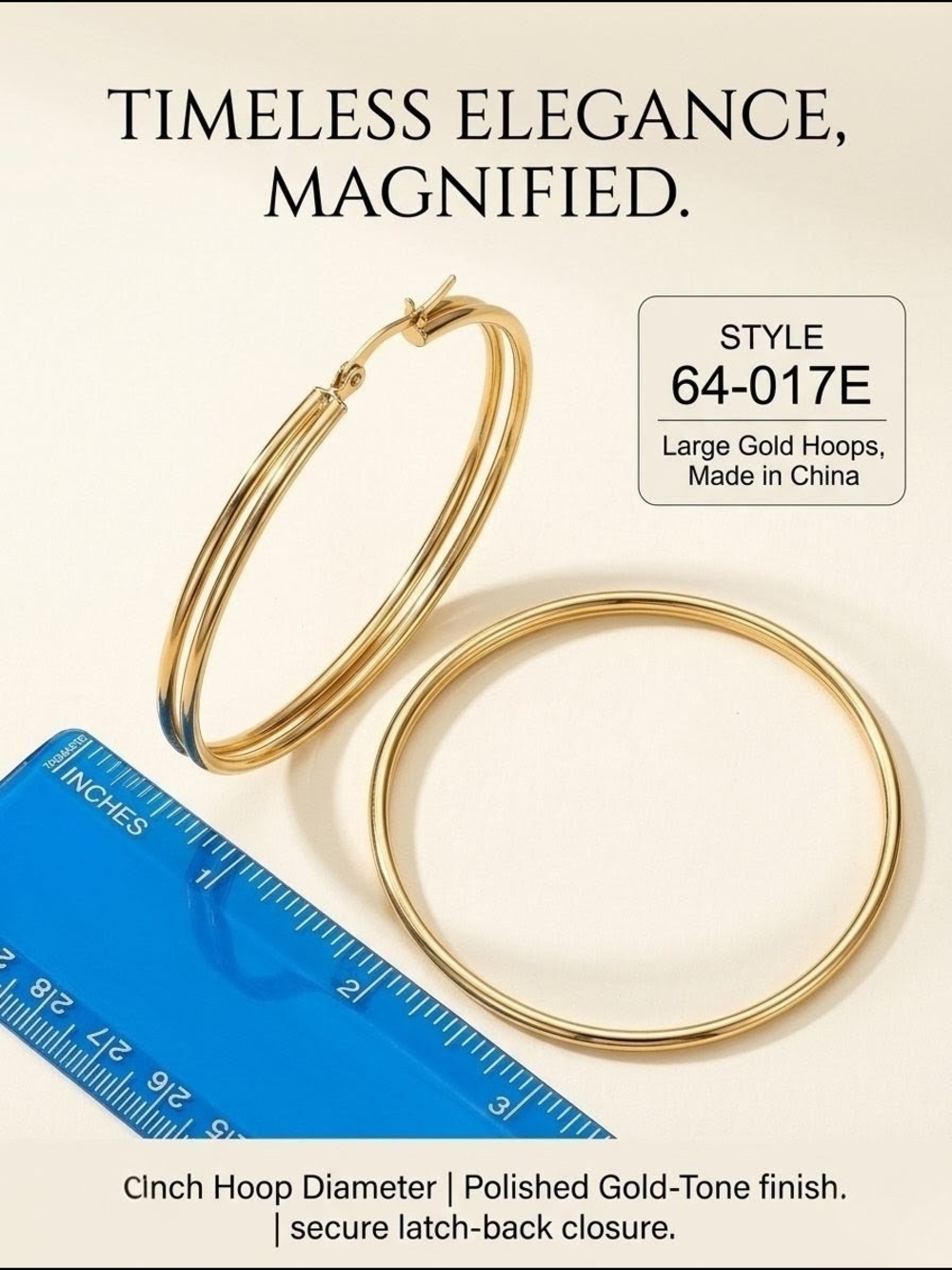 Classic Gold-Tone High-Polish Hoop Earrings Women's Size 2.5" Inch (Large) New